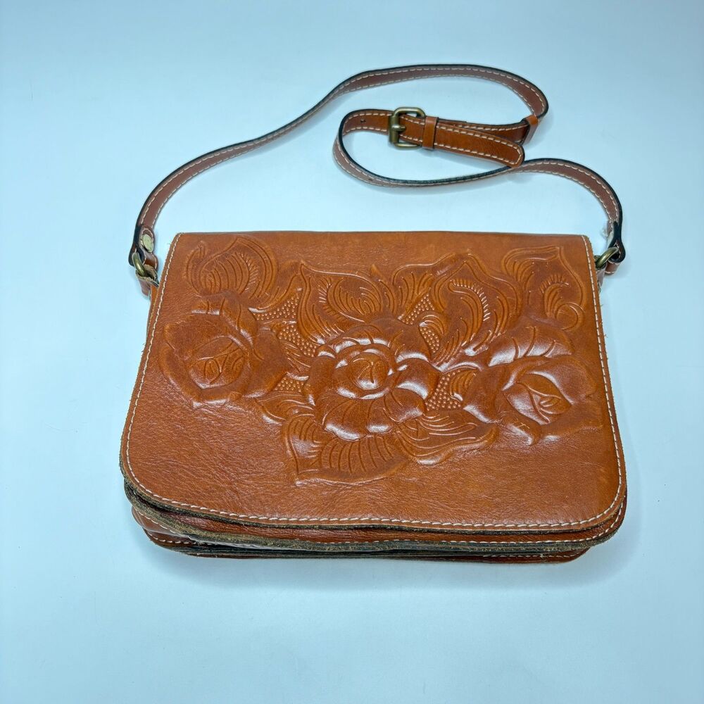 PATRICIA NASH Tooled Leather Crossbody Brown Italian Leather Purse 11" X 9" X 2"
